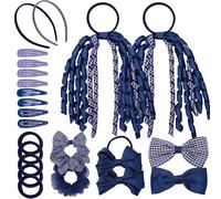 Basic Sense Gingham Girl Hair Accessories Set 23 Pieces Hair Ties, Pins, Scrunchies, Ribbon Ponytail Holder Summer School Check Uniform, Navy
