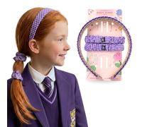 Basic Sense Girls Gingham School Headband & Scrunchie Set, Purple | 4 pieces: 2 gingham school headbands and 2 matching scrunchies, non-slip lining, for primary school uniform