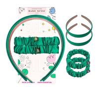 Basic Sense Satin Headbands & Scrunchies Set - 2 Non-Slip Hairbands & 2 Elastic Scrunchie Hair Ties For Girls - School & Daily Use, Dark Green