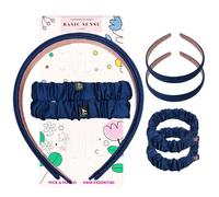 Basic Sense Satin Headbands & Scrunchies Set - 2 Non-Slip Hairbands & 2 Elastic Scrunchie Hair Ties For Girls - School & Daily Use, Navy