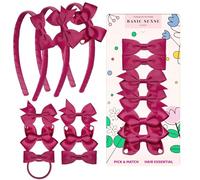 Basic Sense School Hair Accessories Set with Bow Alice Bands, Alligator Clips & Elastics for Girls, Burgundy