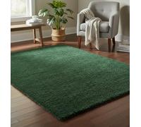 Basic Shaggy Dark Green Rug Soft Fluffy Carpet for Living Room Bedroom or Lounge with Braided Edges and Modern Solid Design 80cm x 150cm