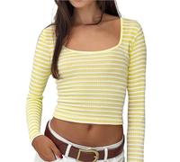 Basic Slim Fit Shirt for Women 2025 Blouse Cropped Slim Fit U Neck Long Sleeve Knit T Shirt - Two Tone Striped Design Trendy Stylish Perfect For Casual Wear for Indoor Outdoor Workout (Yellow, XL)