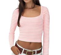 Basic Slim Fit Shirt for Women 2025 Blouse Cropped Slim Fit U Neck Long Sleeve Knit T Shirt - Two Tone Striped Design Trendy Stylish Perfect For Casual Wear for Indoor Outdoor Workout (Pink, XL)
