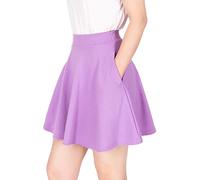 Basic Solid Stretchy Cotton High Waist A-line Flared Casual Skater Mini Skirt, With Pockets Lavender, L