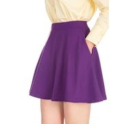 Basic Solid Stretchy Cotton High Waist A-line Flared Casual Skater Mini Skirt, With Pockets Violet, M