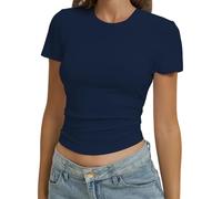 Basic T-Shirt Women's Crop Tops Y2K Slim Fit Tops Elegant Stretch Base Shirt Plain Tee Shirts, Tibetan Blue-34, M