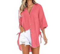 Basic Tops 3/4 Sleeve Shirts for Women UK V Neck Cotton Linen Plus Size Blouses Button Down Basic Loose Fit Tunic Tops Casual Lightweight Basic Trendy Plain Tees (Red, S)