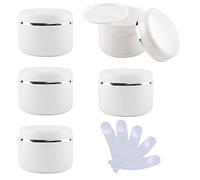 BasicPacking Pack of 5 Empty 50ml White Plastic Cosmetic Jars Container with Screw on Lids with Silver Edge and Liners Travel Pots for Makeup Creams Beauty Nails with Spatula