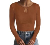 Basicspace Womens Curvy Chic Comfort Long Sleeve Cutout Neckline top Keyhole Slim Fitted Ribbed Knit Trendy Elevate Your Look, Brown, M