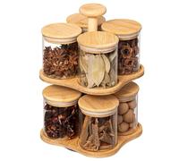 Basicwise Minimalist Two-Tier Bamboo Lazy Susan Turntable with 8 Pcs 12 oz Airtight Lid Glass Jars, Versatile Spice Rack Organizer, Perfect for Kitchen Countertops, Dining Tables, and Pantry Cabinets