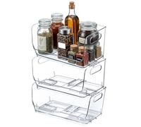 Basicwise Set of 3 Open-Front 12-Inch Clear Storage Bins with Easy-Grip Handles Stackable Transparent Plastic Organizer Container for Pantry Cabinet Refrigerator Drawers Closets and Shelves, Large