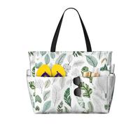 Basil Thyme Dill & Rosemary Print Large Waterproof Beach Tote Bag for Women with Zip and Pockets Foldable Handbag for Travel Pool Shopping Holiday Gym