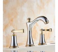 Basin Faucets Chrome and Gold Brass Deck Mounted Square Bathroom Sink Faucets 3 Hole Double Handle Hot and Cold Water Taps