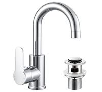 Basin Mixer Tap Swivel Sink Taps for Bathroom with Pop Up Waste, Modern Mono Swan Neck Bathroom Tap Single Lever Basin Taps for Washroom, Chrome
