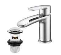 Basin Mixer Tap with Drain, BATHWEST Chromed Brass Bathroom Sink Taps with Waste, Modern Bathroom Taps with Pop Up Waste Large 492CR
