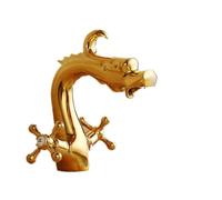 Basin Mixer Taps All Copper Antique Hot and Cold Water Faucet Household Raised Single-Hole Washbasin Bathroom Basin Golden Dragon-Shaped Faucet, Low Gold