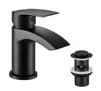 Basin Mixer Taps Waterfall Black with Slotted Pop-up Waste Bathroom Sink Tap Mixers Mono 1 Hole Single Lever Modern with G1/2'' Hoses Round Cloakroom Taps Hot and Cold Water Mixer