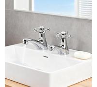 Basin Pillar Taps Pair Twin Bathroom Sink Taps Traditional Victorian Chrome Brass Cross Lever Hot and Cold Tap Separate 2 Holes 1/4 Turn Crosshead Bath Faucet Set
