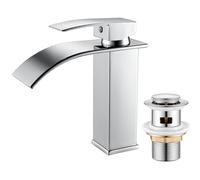 Basin Taps Mixer Waterfall Bathroom Sink Tap Chrome, Mono Basin Mixer Faucet with Pop up Waste, Modern Single Lever Cloakroom Faucet with G1/2 Hoses, Brass