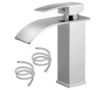 Basin Taps Waterfall Bathroom Sink, Basin Mixer with Single Lever Chrome Brass, Square Bathroom Sink Taps Hot and Cold Water Mixer with UK Standard Hoses
