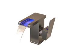 Basin Waterfall Style All-Copper LED Light Luminous Faucet Bathroom Above Counter Household Hot and Cold Water(Gun Gray)