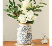 Basitys Blue and White Chinoiserie Ceramic Vase, 17.5 cm Hand-Painted Peony Floral Design, Antique Style Home Decor