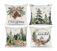 Basitys Set of 4 Christmas Cushion Covers 45 x 45 cm Pine Trees Reindeer Winter Xmas Decorative Pillow Case Cover Sofa Living Room Decor (45 x 45 cm, Pack of 4)