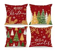 Basitys Set of 4 Christmas Cushion Covers 45 x 45cm Christmas Decorations Red Pillows Cases Xmas Cushion Covers For Sofa Home Living Room (45x45 cm, Pack of 4)