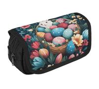 Basket And Easter Eggs Pencil Case Organizer - Large Capacity 3 Compartment Pencil Pouch for Adults, Portable Makeup Bag & Aesthetic Stationery Bag with Zipper (8.7x4.3") Unisex Gift