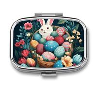 Basket and Easter Eggs Pill Box - 2 Compartment Travel Pill Organizer with Small Mirror, Portable Pillcase for Pocket & Purse, Cute Square Medicine Case, Weekly Medicine Container