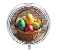 Basket and Easter Eggs Pill Case Portable Medicine Organizer Compact Travel Pill Box Small Metal Medicine Box for Purse Pocket Pill Container Holder 3 Compartments Medication Holder