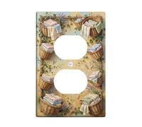 Basket Bathroom Duplex Outlet Covers Wall Plate, Rustic Country Folded Cloth Lavender Summer Brown Plastic Standard Size Double Power Outlet Cover Plate for Living Room Bedroom Home Office Decor