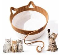 Basket for Cats, Handwoven Cotton Rope Enrichment Bed，brown | M | With Attached Toy Tail, Four-season Breathable Pet Bed for Small & Large Cats
