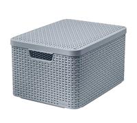 Curver Rattan Style Storage Box with Lid, Storage Basket, Plastic, Made of Recycled Material in at least 70% (Light Grey, L: 44.5 x 33 x 24.8 cm)