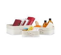 Relaxdays Basket x3, Bathroom Storage Boxes in 3 Sizes, Bamboo & Polyester, Multipurpose, Stackable, White/Creme, 12 x 32 x 22.5 cm