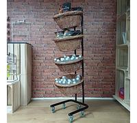 Basket Stand - 4 Tier Wicker Basket Display for Bread, Crisps, Snacks Black Frame (DA1) (With Wheels)