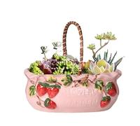 Basket Succulent Planter, Pink Ceramic Succulent Pot Large with Strawberry Vase Flower Pot Unique Cactus Container with Hole Home Office and Garden Decoration