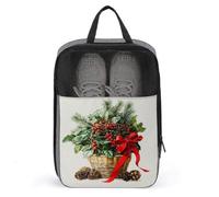 Basket with Evergreen Branches Red Berries Shoe Bag for Travel Daily Use Anti-dust Storage Carrier Golf Shoe Pouch