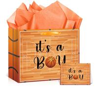 Basketball Baby Shower Birthday Gift Bag for Boys Kids Orange Basketball Party Favor Bag with Handle Wrapping Paper and Greeting Card Large Sports Ball Party Paper Bags Decorations Supplies Christmas