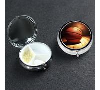 Basketball Background Pill Box 3 Compartment Round Portable Pill Case for Pocket or Purse Small Weekly Medicine Planner Travel Pillbox with Mirror Decorative Metal Vitamin Holder Gifts
