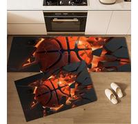 Basketball Breaking Through Walls Kitchen Rug Sets 2 Piece 3D Stereoscopic Style Kitchen Mats Non Slip Washable Runners Floor Mat Orange-Red for Kitchens Laundry Room Hallway 40x60cm+40x120cm