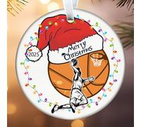 Basketball Ceramic Christmas Ornament with Santa Hat and Lights - 2025 Hanging Christmas Tree Decoration, Perfect for Basketball Fans, Families & Friends, Unique Xmas Decor for Home