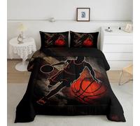 Basketball Comforter Set King 3 Pcs,Orange Black Gray Graffiti Bedding Set for Kids Boys Teens Adults,Basketball Player Silhouette Decor Down Comforter 2 Pillowcases