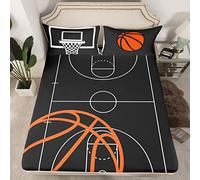 Basketball Court Print Bed Sheet Double Size,Ball Sports Games Theme Fitted Sheet for Adults Bedroom Decor,Orange Basketball and Hoop Bed Cover 3pcs,2 Pillowcases,No Top Sheet