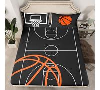 Basketball Court Print Fitted Sheet,Ball Sports Games Themed Sheet Set All-Round Elastic Deep Pocket for Girls Teens,Orange Basketball and Hoop Durable Polyester Bed Sheet(2 Pillowcases), Double Size