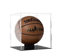 Basketball Display Case Clear Acrylic Alternative Glass Cube Assemble Countertop Box Baseball Hockey Football Soccer Frame with Sports Ball Shadow Protection Black Stand Holder