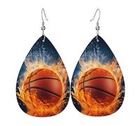 basketball earrings over fire and water flame splatter women earings leather teardrop double sided earrings dangle lightweight earrings for women ear accessories jewelry de