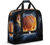 Basketball Fire Water Travel Duffle Bag for Women Men Weekend Overnight Bags Foldable Wet Seperated 47 L Tote Bag for Sports Gym Yoga