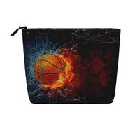 Basketball Flames and Waterdrops Portable Makeup Case Fake Hemp, Women's Travel Organizer Large Capacity Zippered Pouch
